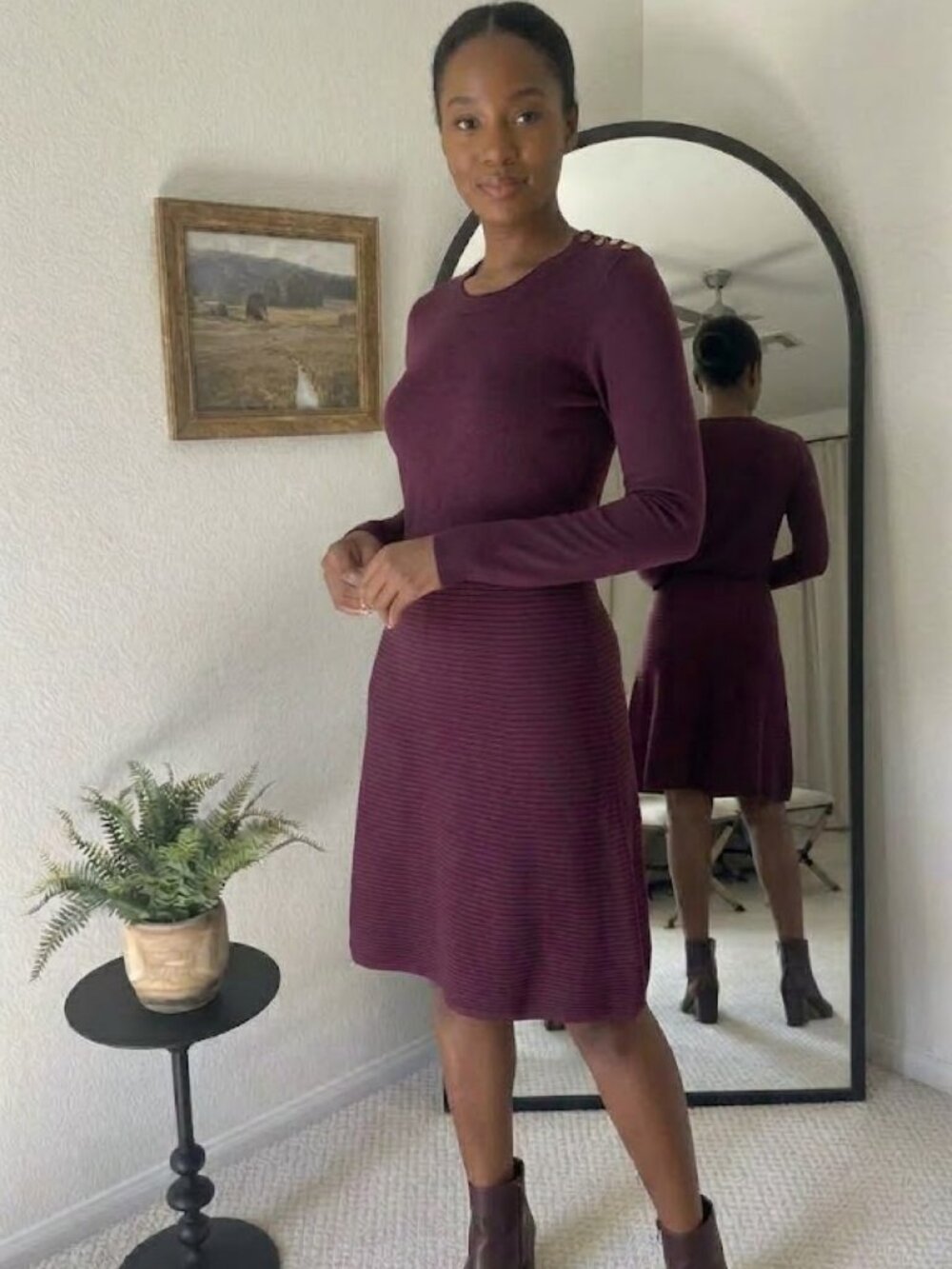 Banana Republic Purple Plum Ribbed Knit Sweater Dress Tall M Button Shoulder